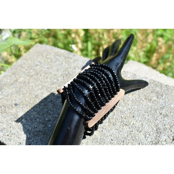 Sleek Black Beaded Bangle with Natural Wooden Staves Timeless Statement Piece - Picture 3 of 6